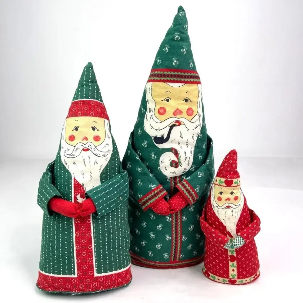 3 Vintage Santa Claus Christmas Fabric Figures Shelf Decoration Handmade